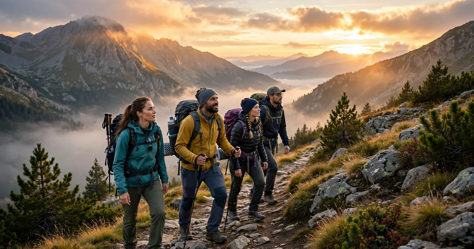 Group of hikers carrying lightweight backpacks on a mountain trail at sunrise