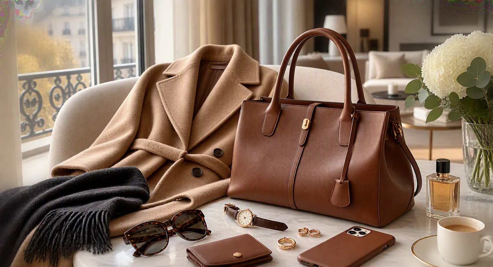 Premium European fashion editorial with a leather handbag, tailored camel coat, wristwatch and designer accessories